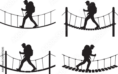 Black silhouette icons of a hiker walking on a rope bridge in nature