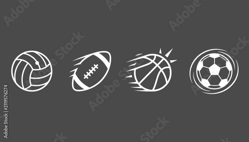 Sports ball icon collection featuring flying volleyball rugby ball basketball and soccer ball on a grey background.