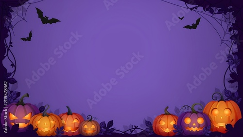 Halloween Background with Glowing Jack O Lantern Pumpkins Purple Spooky Border and Copy Space