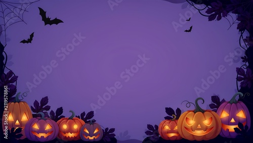 Halloween Purple Background with Glowing Jack O Lantern Pumpkins Spooky Border and Copy Space