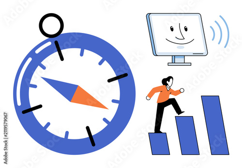 Compass navigation with a person climbing growth charts and a digital monitor vector illustration. Career development, business strategy, digital communication, goal setting, success, planning