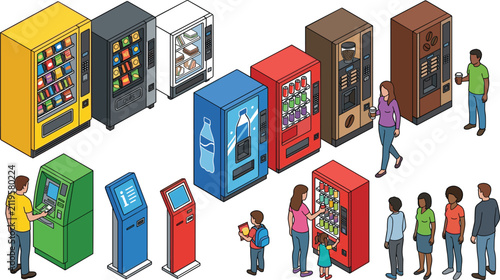 Foto vending machine and self service kiosk vector set with people buying snacks drin