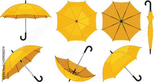 Obraz na płótnie Yellow umbrella vector set showing multiple angles including open closed top vie