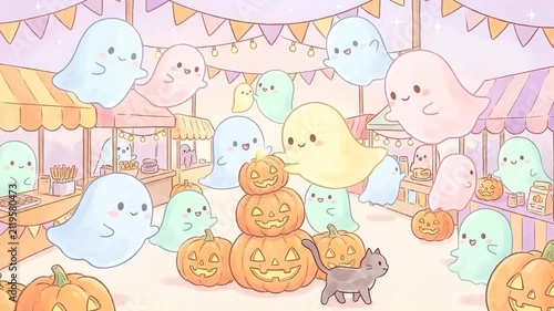 Cute Halloween Ghosts and Jack-o'-lanterns Festival Banners Celebration Scene with Fall Decorations at Autumn Market