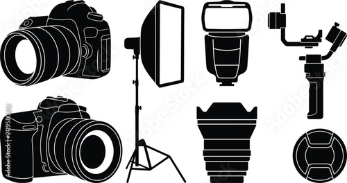 Obraz na płótnie Photography equipment silhouette icons set including dslr camera softbox studio