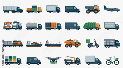 Creative Colorful Illustrated Icons Set of Various Vehicles and Transport Modes for Logistics and Delivery Concepts