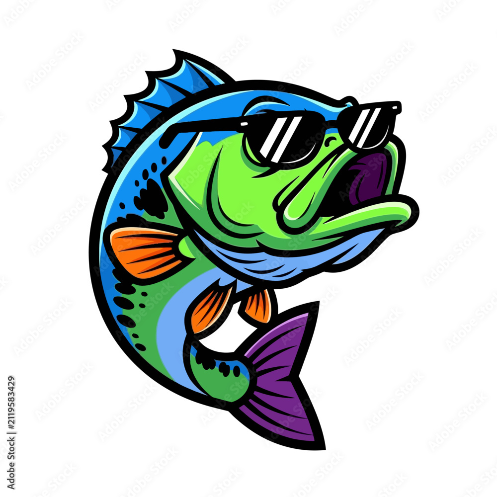 Fototapeta premium Cool cartoon bass fish character sporting fashionable sunglasses, an energetic and vibrant vector illustration for fishing enthusiasts and fun graphic designs, embodying a playful aquatic attitude