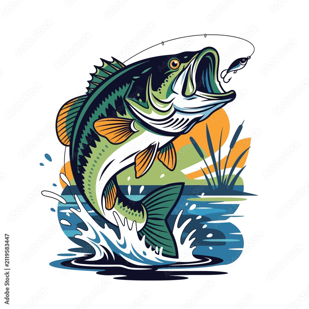 Naklejka premium Largemouth bass jumping out of water catching lure fishing sport vector illustration mascot