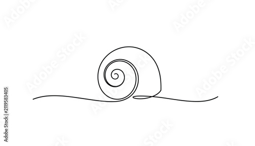Elegant continuous one-line drawing of a spiraled snail shell representing slow and steady progress on a white background.