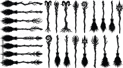 Hand drawn silhouettes of magical witch brooms and wizard staves for fantasy and Halloween design projects