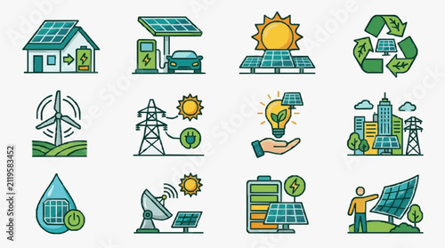 Corporate Infographic Illustrations Showcasing Renewable Energy Solutions with Solar Panels Wind Turbines and Eco Friendly Concepts