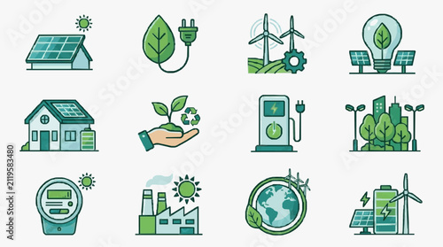 Industrial Showcasing Renewable Energy and Eco Friendly Technology Concepts with Solar Panels Wind Turbines and Green Icons