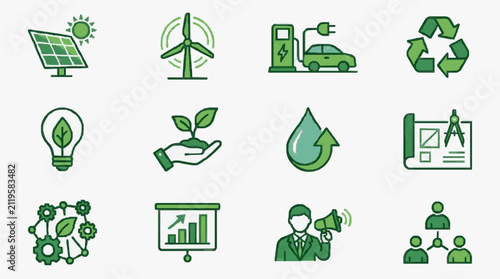Clean Green Energy and Sustainability Icons Set with Solar Panels Wind Turbines Recycling and Eco Friendly Concepts in Green and White