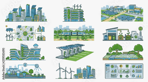 Industrial Showcasing Sustainable Urban Infrastructure with Solar Panels Wind Turbines Green Buildings and Eco Systems