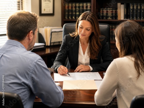 Family Lawyer Reviews Divorce Documents With Couple During Warm Office Consultation