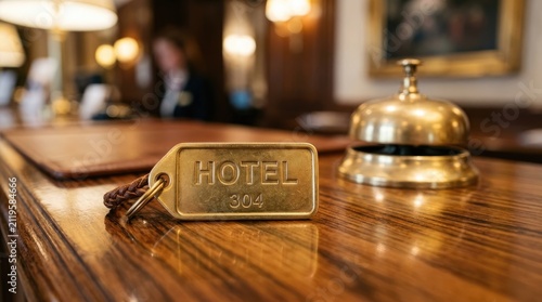 Brass hotel room key tag with number 304 resting on a polished wooden reception desk next to a vintage brass concierge bell