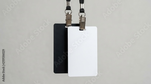 Two blank id badges, one black and one white, hanging from lanyards with metal clips against a plain light grey background, for corporate branding