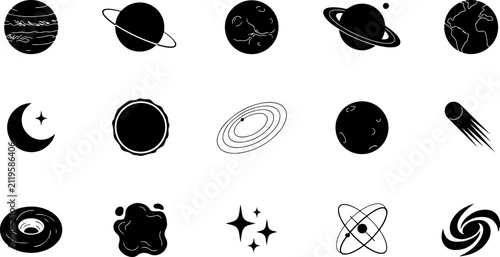 Fotografie Set of space icons, including planets, stars, galaxy, comet, and celestial bodie