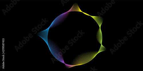Neon iridescent blend line circle frame. Bright spinning circular border. Abstract rainbow color circle with colorful waves isolated on black background with copy space.