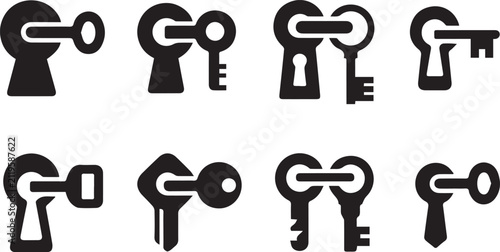 Set of black key and keyhole icons for security and access design