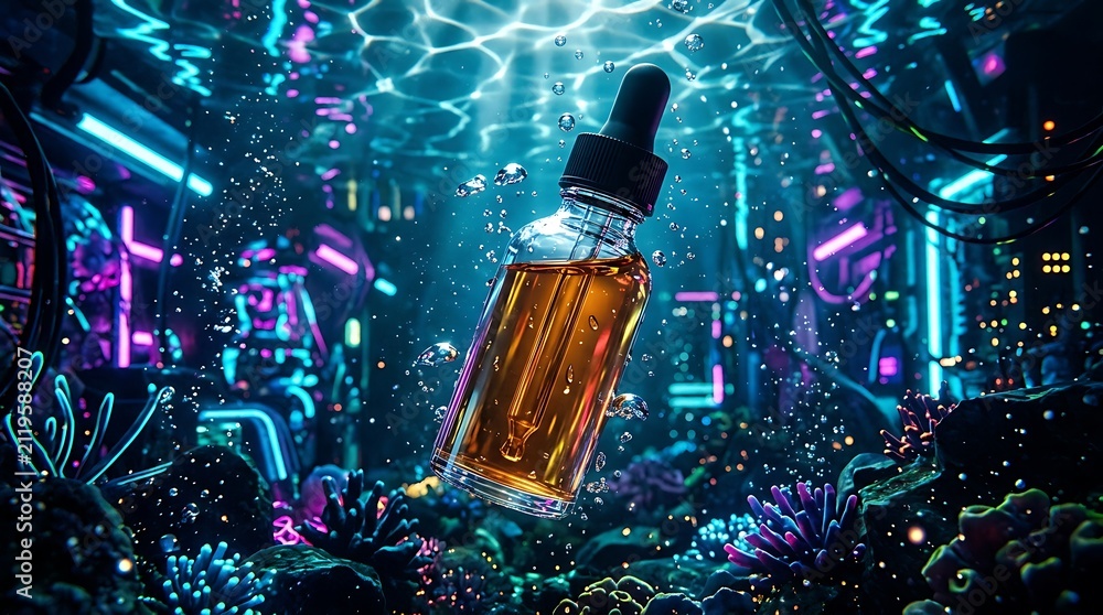 Naklejka premium Glowing Dropper Bottle Floating in Neon Cyberpunk Garden