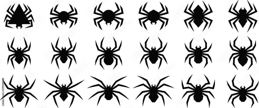 Obraz premium Set of eighteen geometric black spider silhouettes for Halloween graphic design and creative animal logo icons