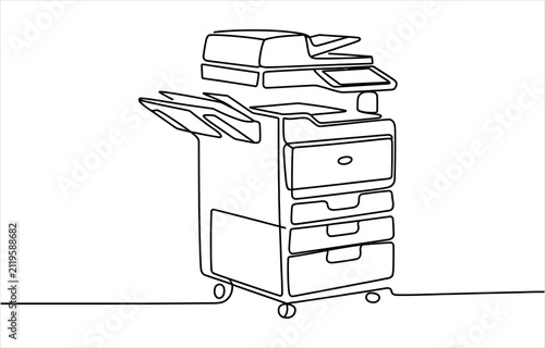 Continuous single line drawing of an office printer machine for document copying and scanning in a minimalist modern style for business workplace illustration