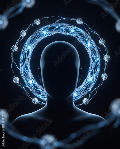 Glowing Neural Network and Pathogens Circling a Human Head Silhouette