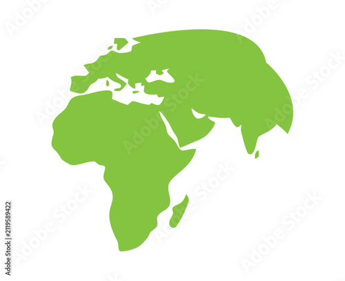 Green world map illustration, Africa Europe and Asia continent silhouette, minimalist global geography graphic for business, education and travel design.