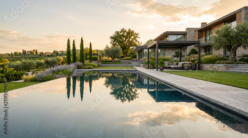 Luxury modern house with infinity pool at sunset