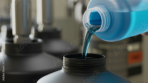 Pouring Bright Blue Liquid from a Clear Plastic Bottle into a Black Container with Blurred