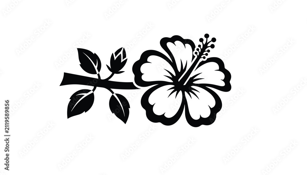 Fototapeta premium Black stencil silhouette of a hibiscus flower with leaves and a small bud on a branch on a white background.