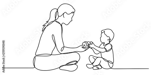 Continuous single line drawing of a happy mother sitting on the floor and playing with her little baby boy holding a small toy together in the living room Vector, illustration