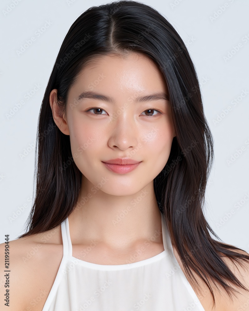 Fototapeta premium Portrait Of A Young Asian Woman With Dewy Wet Skin And Natural Makeup Against A Plain White Background