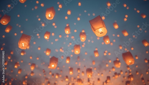 Floating Paper Sky Lanterns Glowing in Beautiful Night Sky Celebration Background