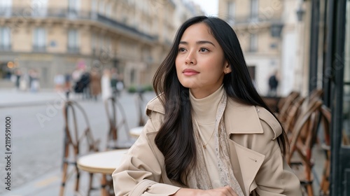 Young Asian Woman Sitting At Outdoor Parisian Cafe Wearing Beige Trench Coat On A Cloudy Day