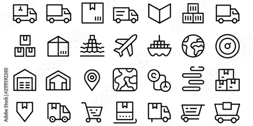 Logistics and shipping delivery thin line icons set for transportation e-commerce retail supply