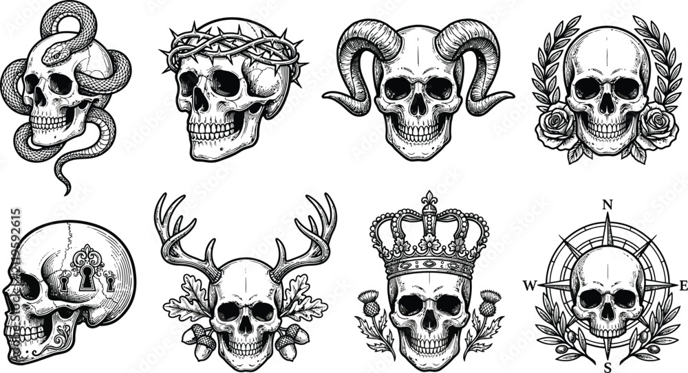 Fototapeta premium Collection of detailed skull tattoo flash designs featuring snakes, crowns, horns, roses, and compasses in a classic black and white style.
