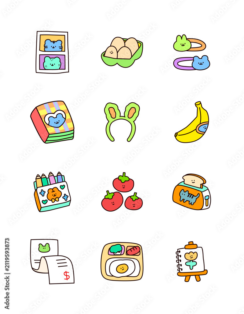 Fototapeta premium Cute Food and Art Supply Illustrations circles kawaii