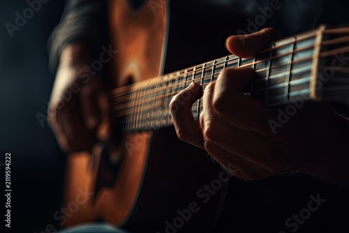 Close-up of a musician playing an acoustic guitar, fingers on the strings, focus on the details