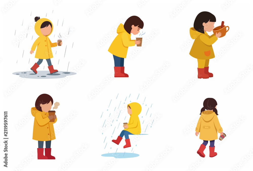 Fototapeta premium Cute little girl character wearing yellow raincoat and red boots with hot coffee in the rain illustration set