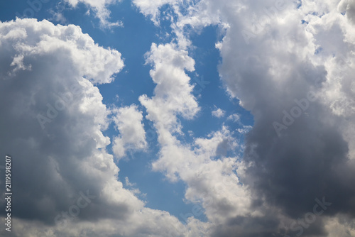 Clear blue sky with scattered white clouds, creating a bright natural background with ample copy space