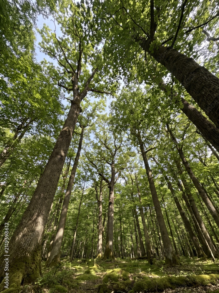 Obraz premium Looking up at tall green oak trees in a lush deciduous forest