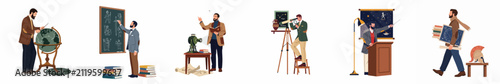 Set of flat illustrations depicting male scholars and professors engaged in academic activities such as astronomy, history, and lecturing in classical settings.