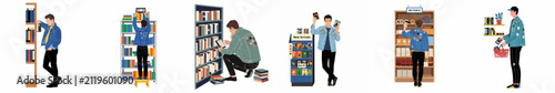 Flat illustration set of a man browsing movies and books in a retro video rental store or library, featuring various poses and activities.