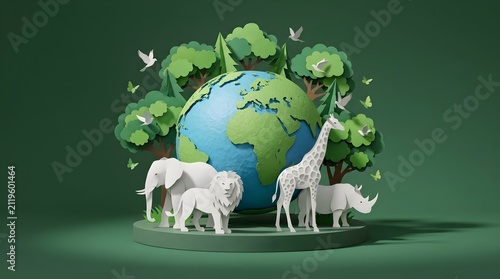 3D Papercraft Earth Globe with Wild Animals and Nature