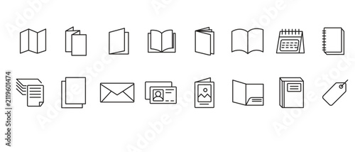 Office Stationary, Book, Brochure, and Envelope Vector Icon Collection,Branding Mockup, Envelope, Notebook, and Calendar Minimalist Line Icons
