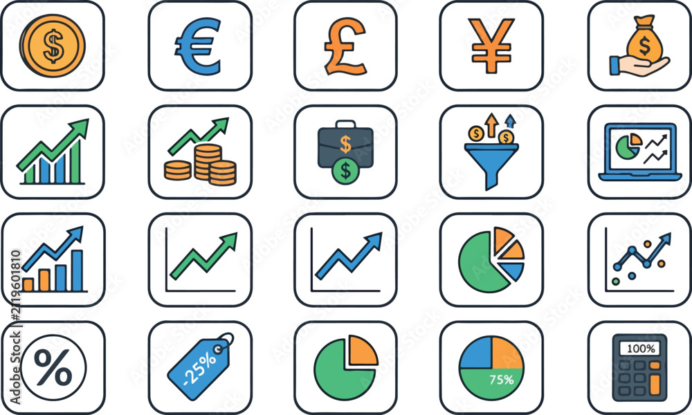 Fototapeta premium Financial and business growth icons set for data analysis and accounting