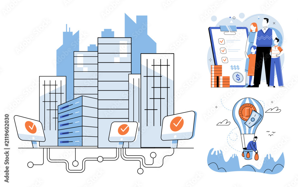 Naklejka premium Digital infrastructure and financial planning vector illustration. Business growth, investment strategy, family insurance, data security, economic stability, wealth management. Technology systems