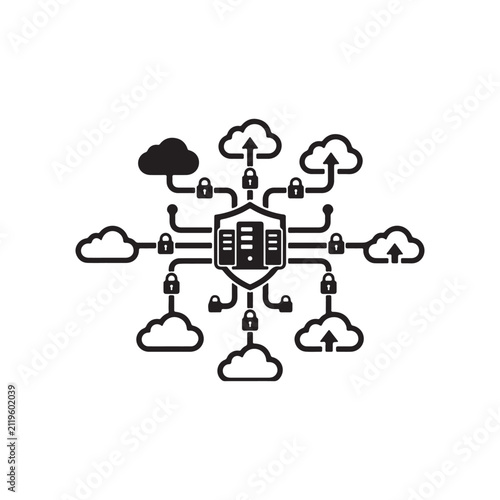 Secure cloud server network icon with shield and locks